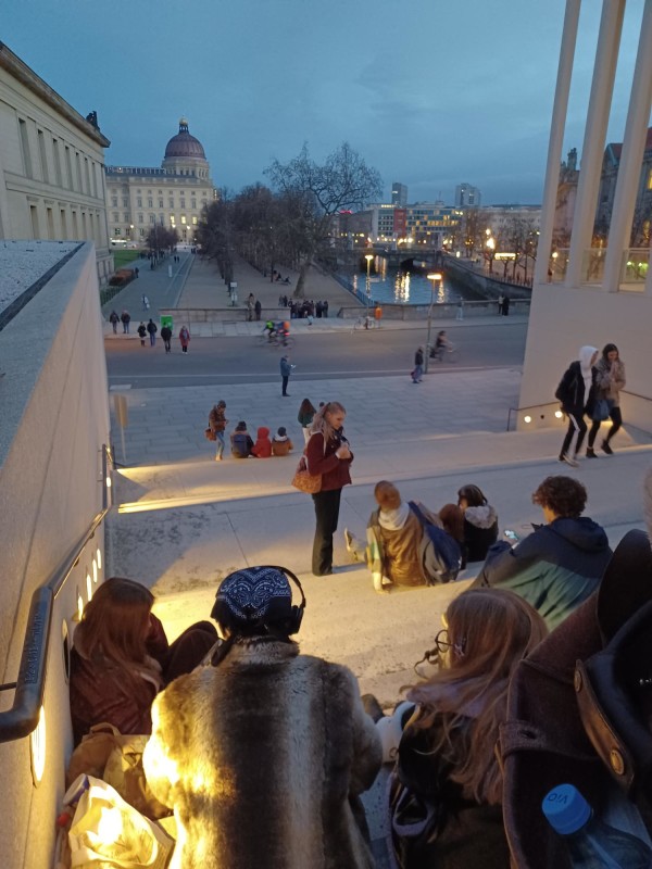 Art and English students outside the Pergamon museum on Museum Island, Berlin.